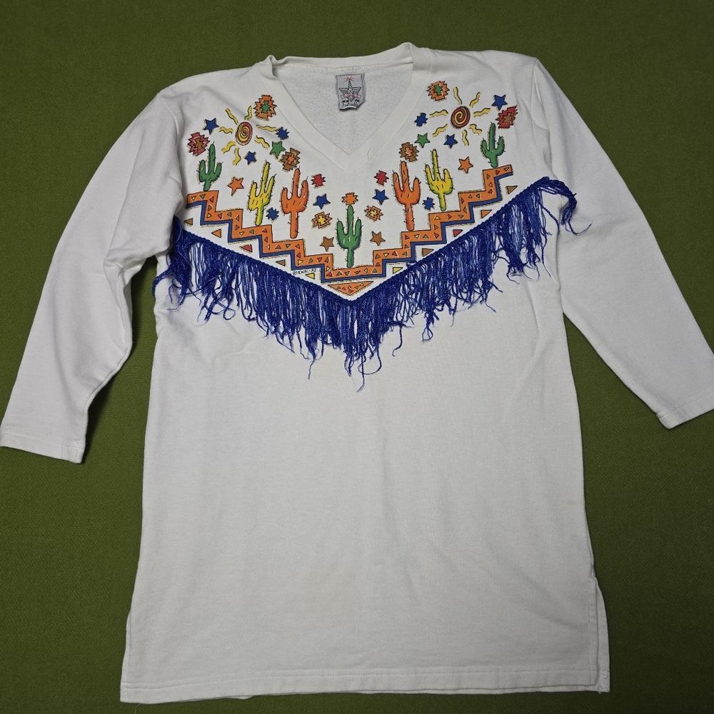 Vintage White and Blue Fringe Cactus Top